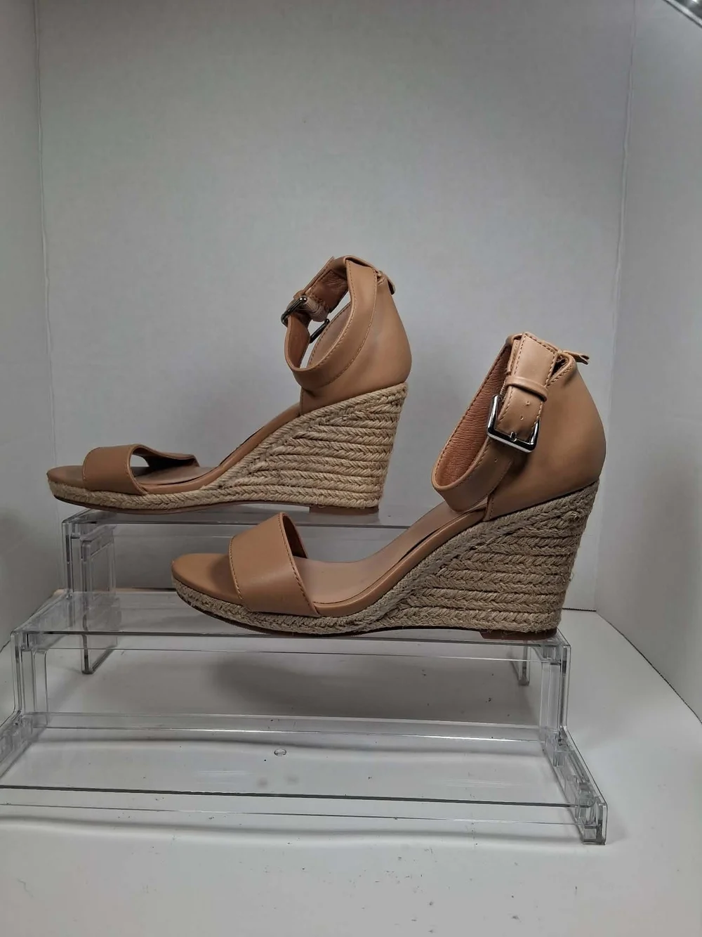 A New Day Tan Faux Leather Wedge Sandals Buckle Ankle Strap Women's US 8